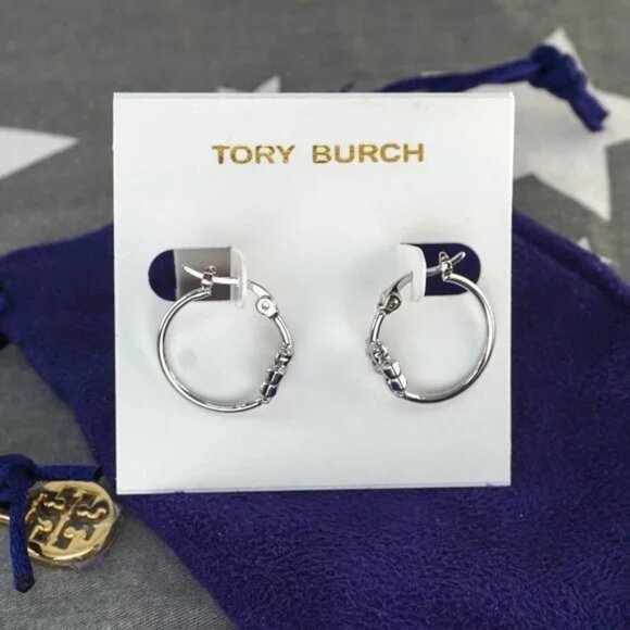 Tory Burch Small Eleanor Hoop Earrings in Tory Silve - Picture 1 of 7